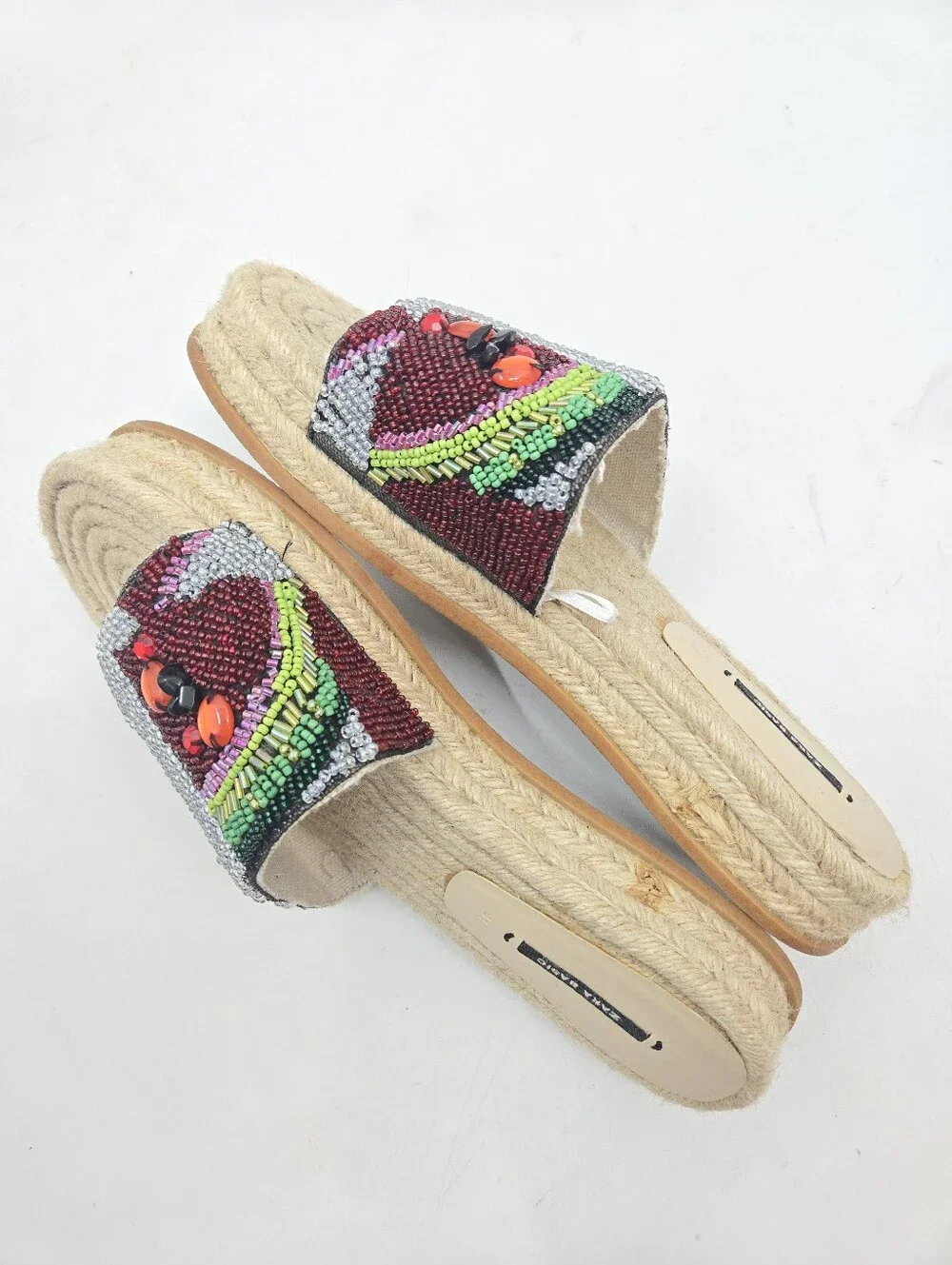 Zara Beaded Multicolor Slide Sandals Espadrille Woven Sole - Picture 9 of 14
